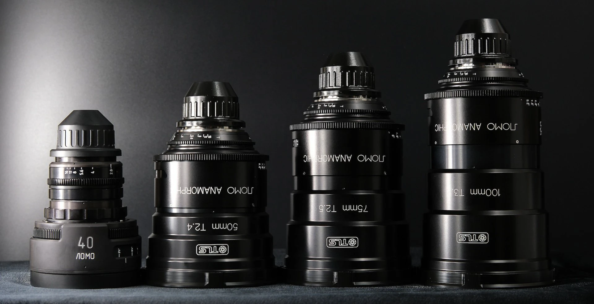 LOMO Round Front Anamorphic Lenses upright in a row
